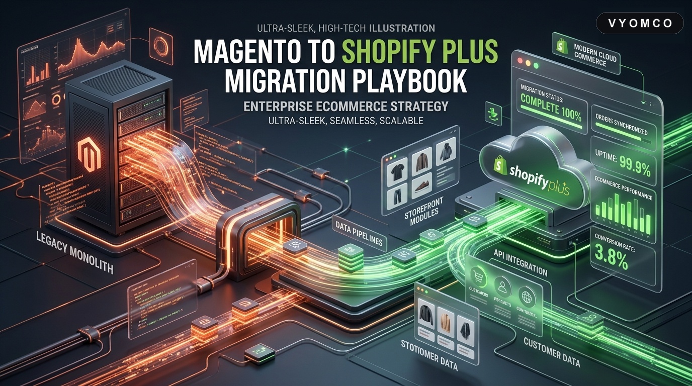 Magento to Shopify Plus migration playbook showing data sync pipelines and cloud commerce architecture