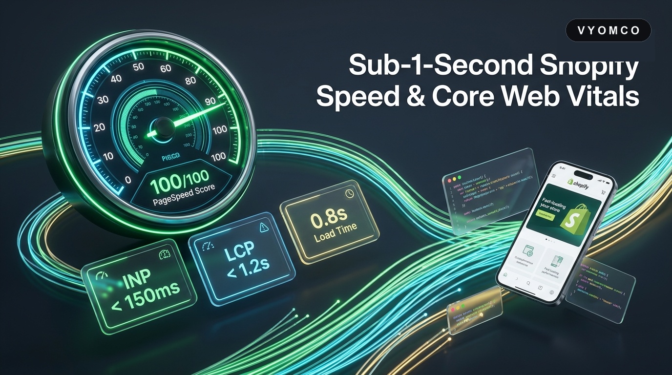 Sub 1 second Shopify speed and Core Web Vitals showing INP, LCP and 100 out of 100 PageSpeed score